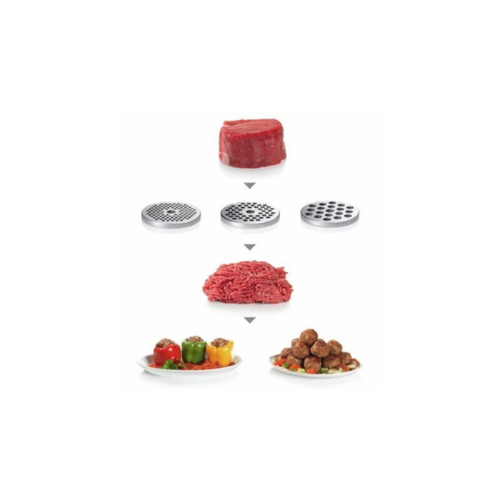 Bosch MFW67440, Meat mincer, ProPower 2000W, 3,5 kg/min, nr. 8, 3 sieves, kebbe attachment, shredder with 2 drums, reverse function