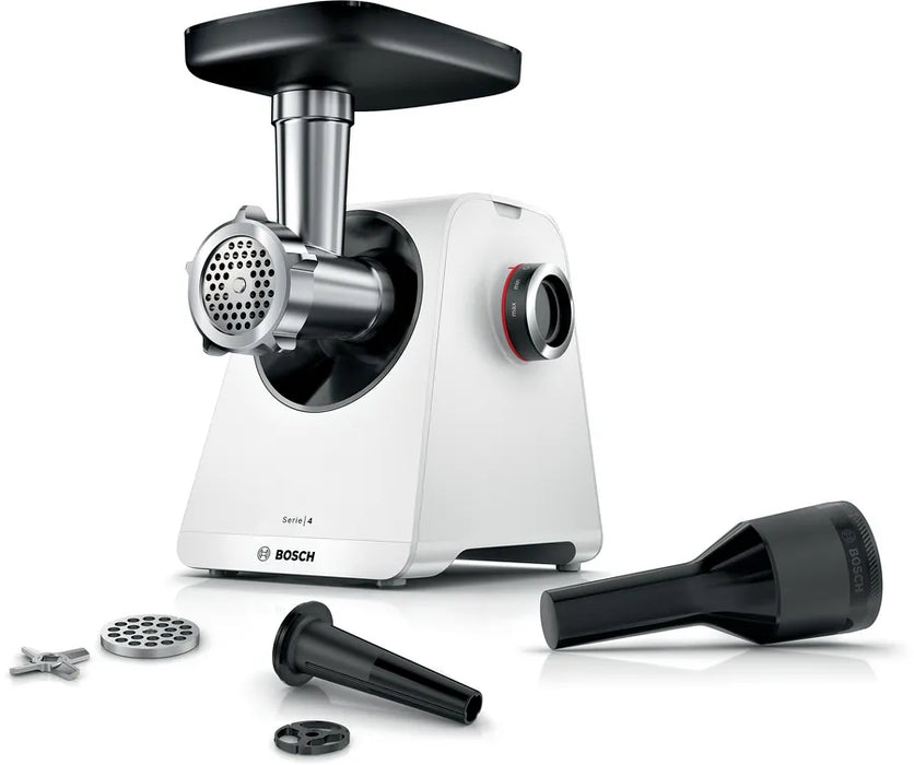 Bosch MFWS420W, Meat mincer - MultiPower 1900 W, Planetary gearbox, 2,5 kg/min, kebbe attachment, sausage attachment, reverse function, White