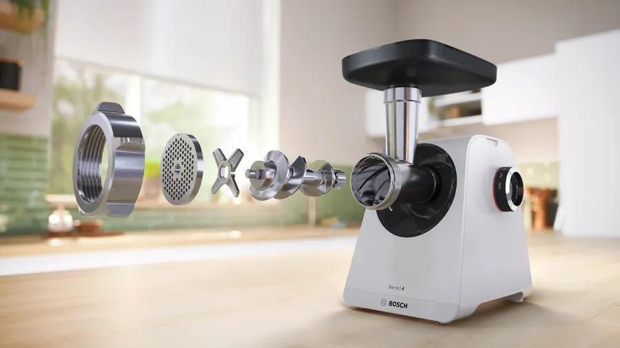 Bosch MFWS420W, Meat mincer - MultiPower 1900 W, Planetary gearbox, 2,5 kg/min, kebbe attachment, sausage attachment, reverse function, White