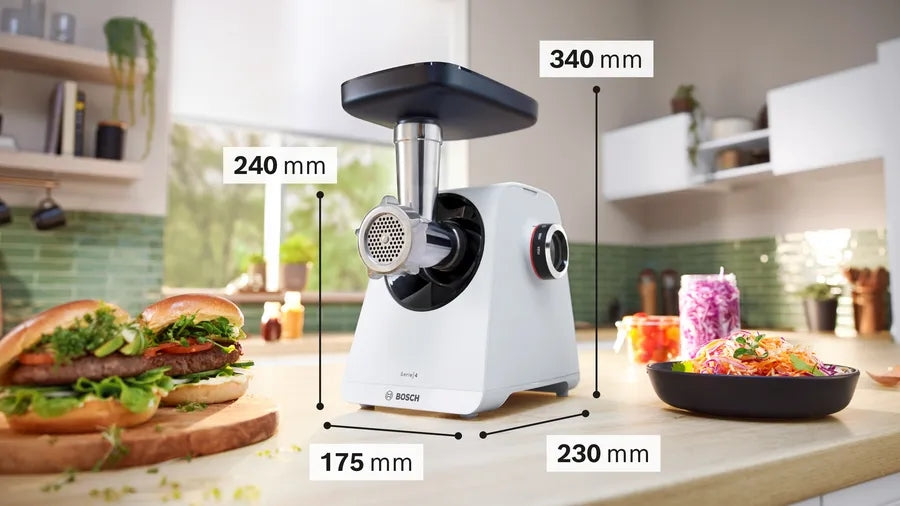 Bosch MFWS420W, Meat mincer - MultiPower 1900 W, Planetary gearbox, 2,5 kg/min, kebbe attachment, sausage attachment, reverse function, White