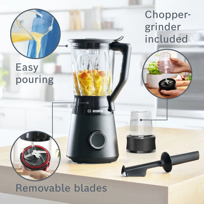 Bosch MMB6176B Series 4, VitaPower Blender, 1200 W, Glass ThermoSafe jug 1.5 l, Grinding attachment, Two speed settings and pulse function, ProEdge stainless steel blades made in Solingen, Black