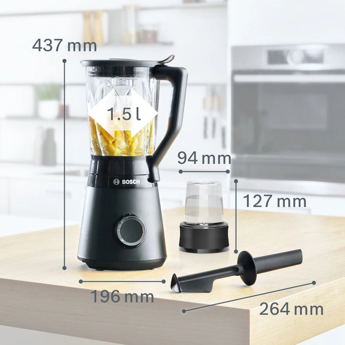 Bosch MMB6176B Series 4, VitaPower Blender, 1200 W, Glass ThermoSafe jug 1.5 l, Grinding attachment, Two speed settings and pulse function, ProEdge stainless steel blades made in Solingen, Black