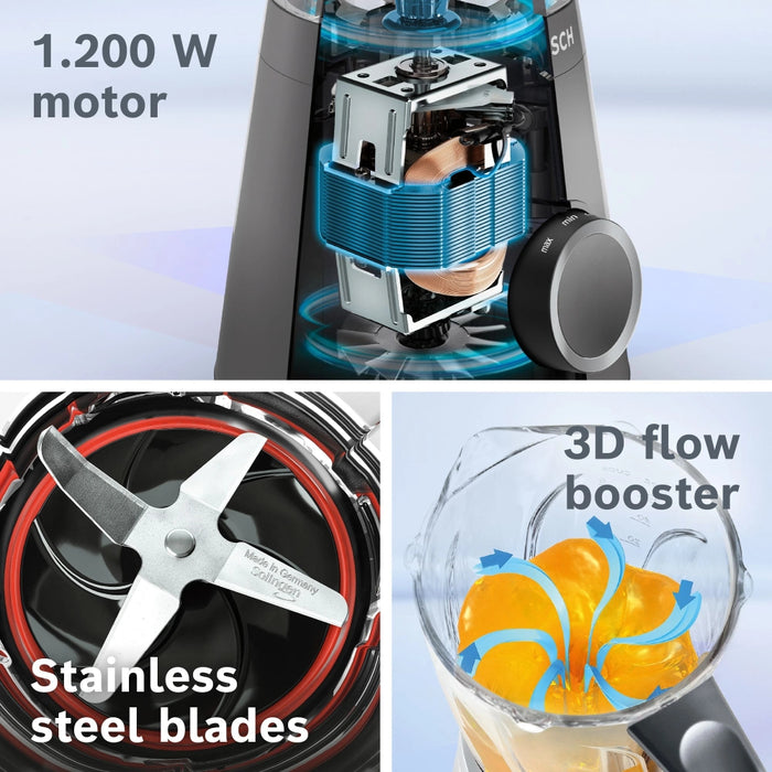 Bosch MMB6176B Series 4, VitaPower Blender, 1200 W, Glass ThermoSafe jug 1.5 l, Grinding attachment, Two speed settings and pulse function, ProEdge stainless steel blades made in Solingen, Black