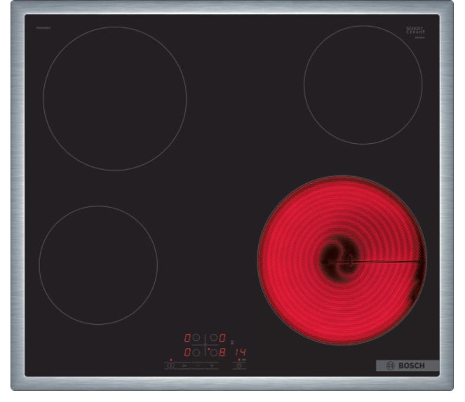 Bosch PKE645BB2E, SER4, Electric cooktop, 60 cm, Glass-ceramic hob, 4 zones,  Black, surface mount with frame