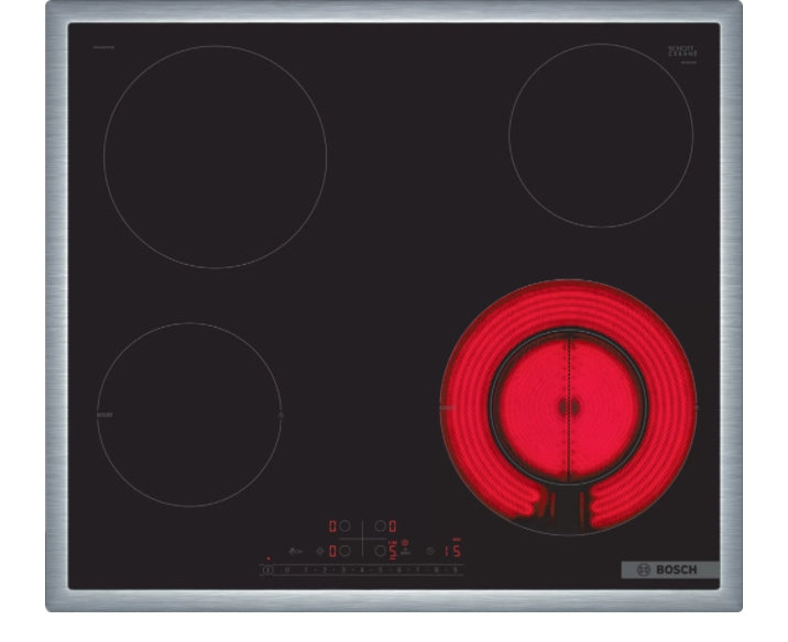 Bosch PKF645FP3E, SER6, Electric cooktop, 60 cm, Glass-ceramic hob, 4 zones, 1 extension, Black, surface mount with frame