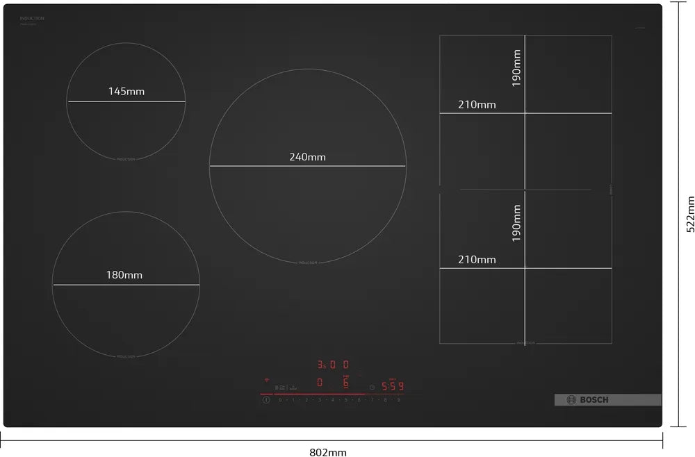 Bosch PVW81CHB1E, SER8, Induction electric cooktop, 5 zones (1 CombiZone + 3, 24cm ring), DirectSelect, PanBoost, frameless, 7,4 kW, 80cm, HC, Matt Black