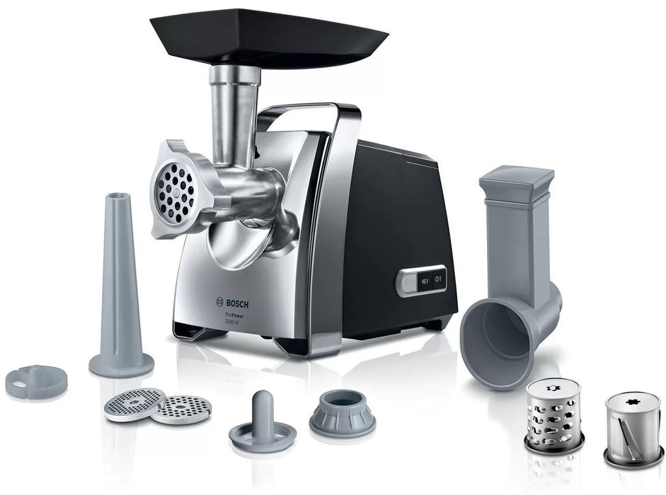 Bosch MFW67440, Meat mincer, ProPower 2000W, 3,5 kg/min, nr. 8, 3 sieves, kebbe attachment, shredder with 2 drums, reverse function
