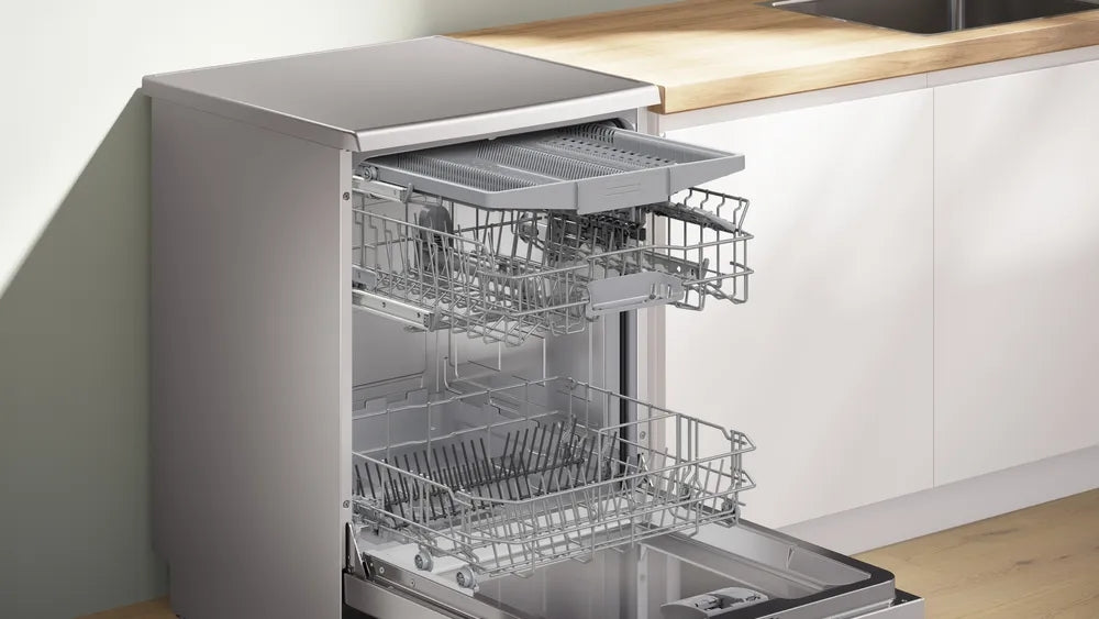 Bosch SMS4HVI21E, SER4, Free-standing dishwasher, C, Polinox, 9,0l, 14ps, 6p/5o, 46dB(C), Silence 45dB, 3rd drawer, Rackmatic, inox, HC