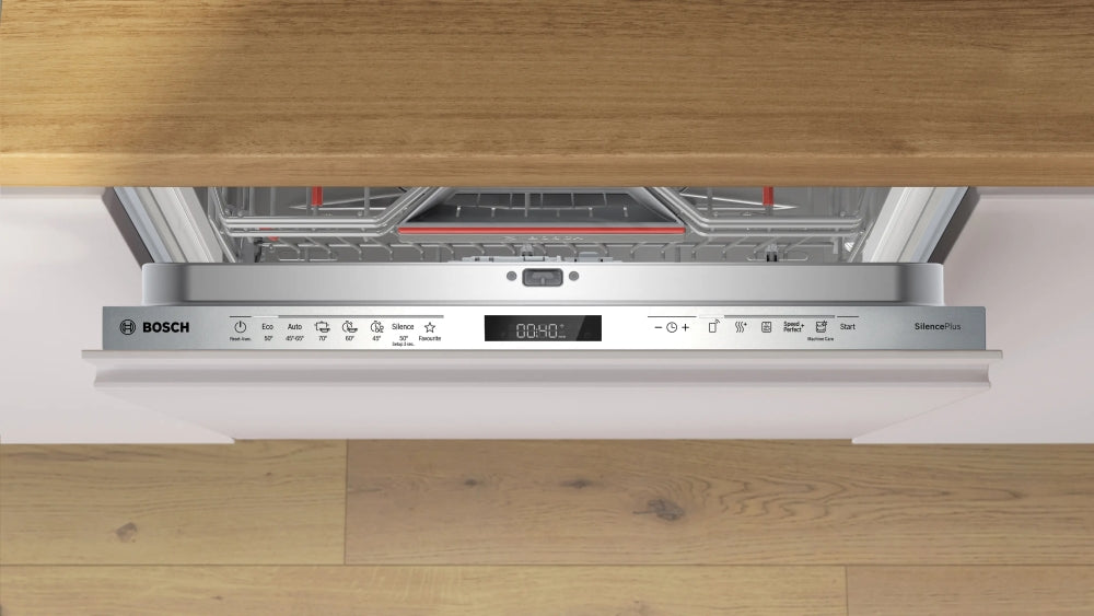 Bosch SMV6ECX20E, SER6, Dishwasher fully integrated, A, EfficientDry, 9,0l, 14ps, 7p/5o, 42dB(B), Silence 41dB, 3rd drawer, Extra Clean Zone, TimeLight, display, HC, interior light