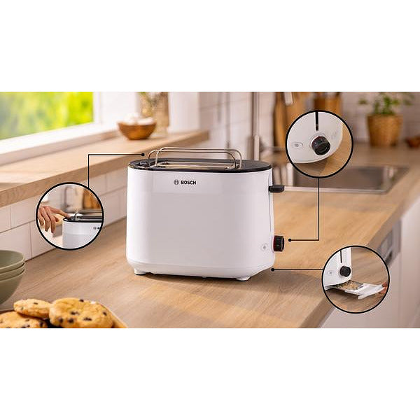 Bosch TAT2M121, MyMoment Compact toaster, 950 W, Auto power off, Defrost and reheat setting, Integrated warming grid, High lift, White