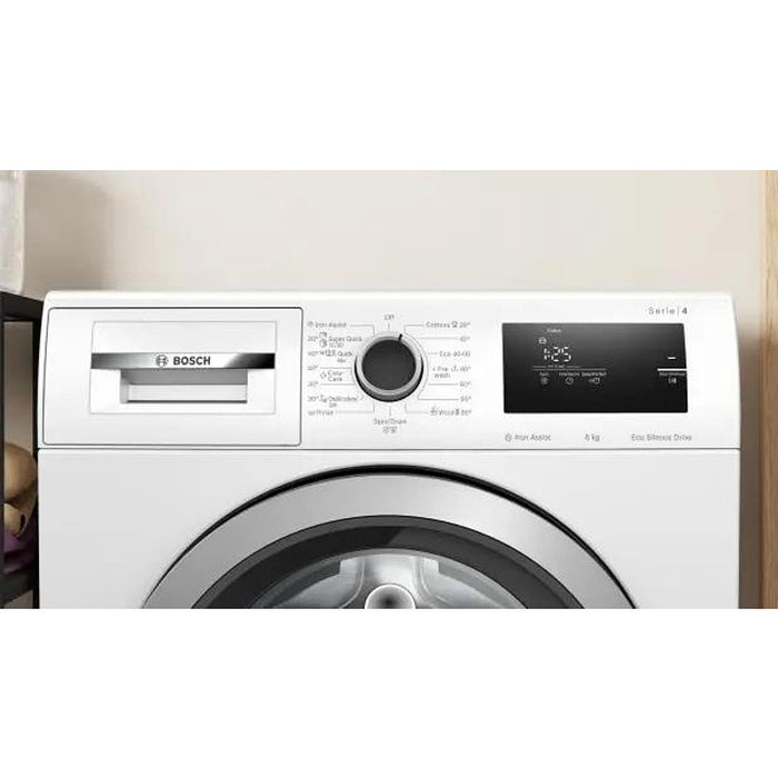 Bosch WAN28060BY SER4 Washing machine 8kg, A, 1400rpm, 51/72dB(A), Iron Assist, waveDrum 65l, 4 options, Quick 15'/30', silver-blackgrey door