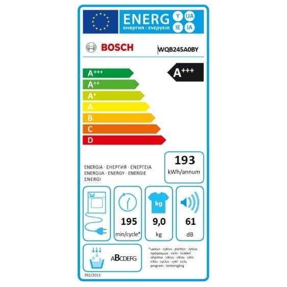Dryer BOSCH WQB245A0BY, 9 kg, Heat pump, SelfCleaning, C