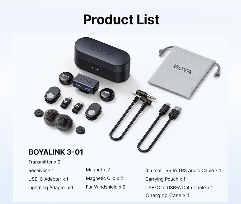 Wireless microphone system BOYA BOYALINK 3-01 with lightning+USB-C +3.5mm TRS plug