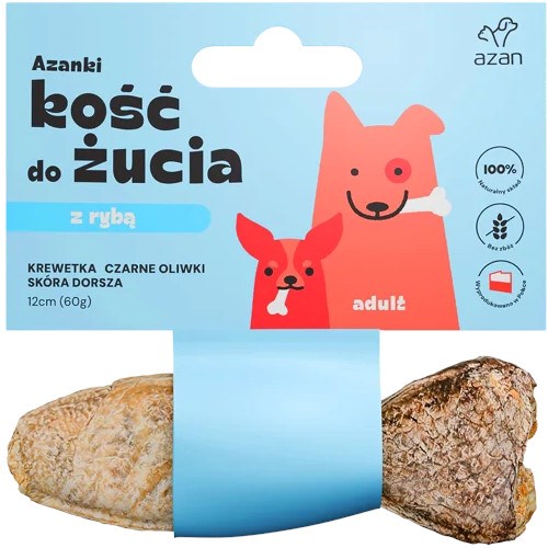 AZANKI Bone with shrimp and black olives in cod skin shaped like a fish – dog treat – 12 cm