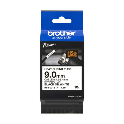 Brother HSe-221E 9mm Black on White Heat Shrink Tape - Консумативи за етикетни принтери<<<BROTHER