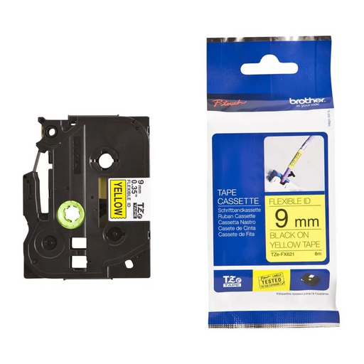 Brother TZe-FX621 Tape Black on Yellow Flexible ID 9mm 8m - Eco - Консумативи за етикетни принтери<<<BROTHER