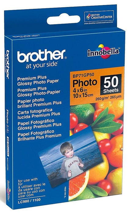 Brother BP71GP50 Premium Plus Glossy Photo Paper, A6 (4x6"), 50 Sheets