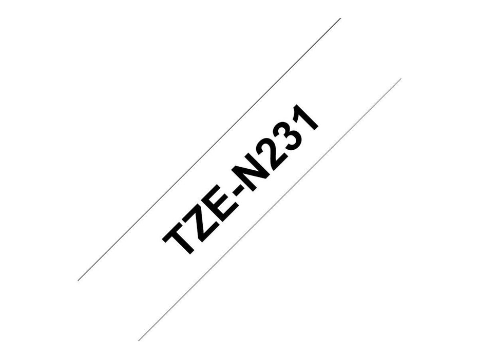 BROTHER TZEN231 12mm BLACK ON WHITE ADHESIVE TAPE NON LAMINATED