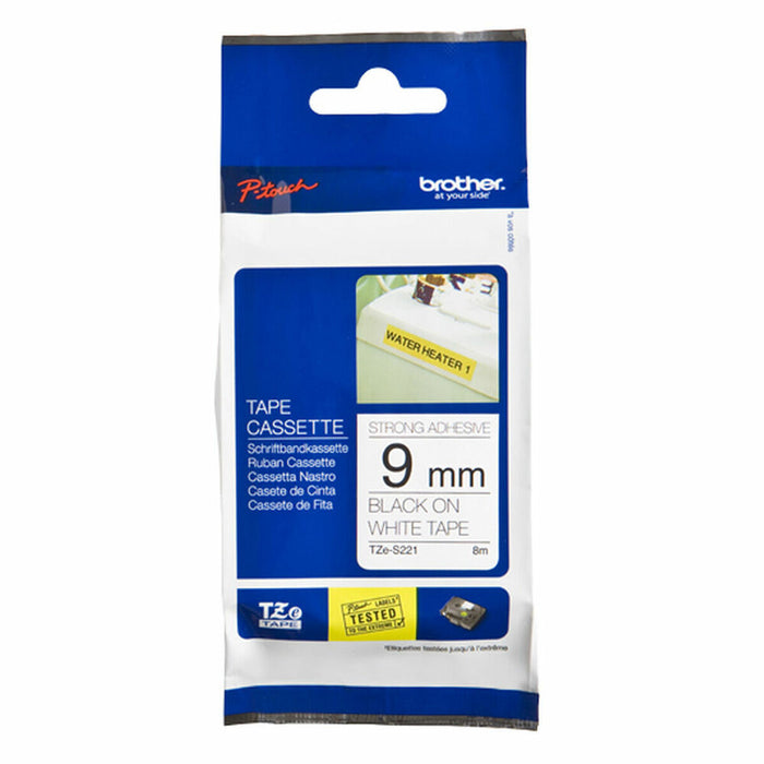Brother TZe-S221 Tape Black on White, Strong Adhesive, 9mm, 8m