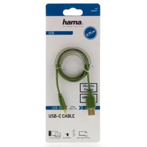 Cable Hama Flexi-Slim USB-C - USB-A 2.0 male 0.75m Green - Кабели за мобилни