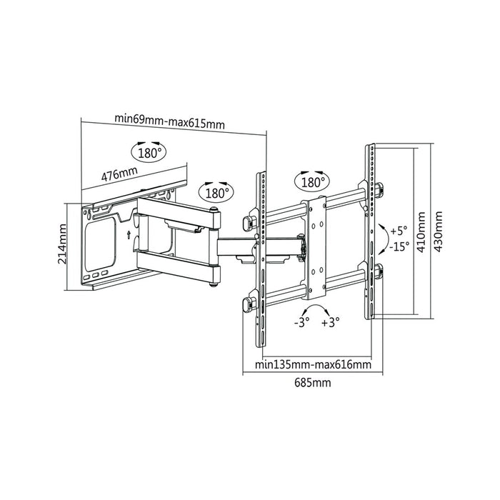 Cabletech TV bracket 37-70 " Black max Vesa 600x400 60kg
