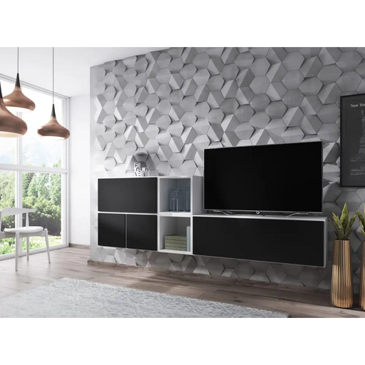 Cama living room furniture set ROCO 9 (RO1 + RO3 + 2xRO6 + 2xRO5) white/white/black - Modern wall unitsMES-NOW<<<Wall