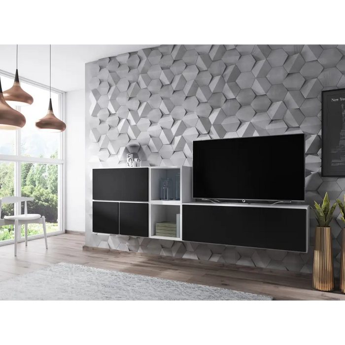 Cama living room furniture set ROCO 9 (RO1 + RO3 + 2xRO6 + 2xRO5) white/white/black - Modern wall unitsMES-NOW<<<Wall
