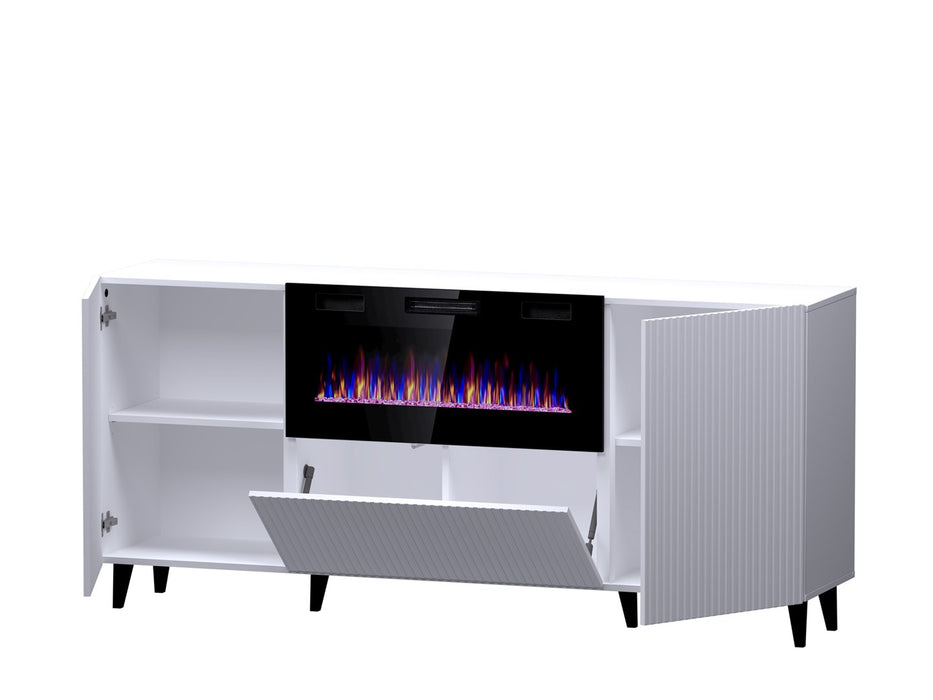 PAFOS chest of drawers with electric fireplace 180x42x82 cm white matt