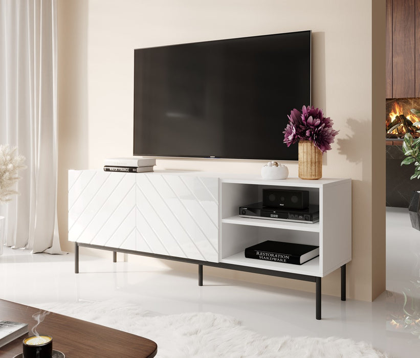 ABETO RTV cabinet on black steel frame 150x42x60 cm white/gloss white