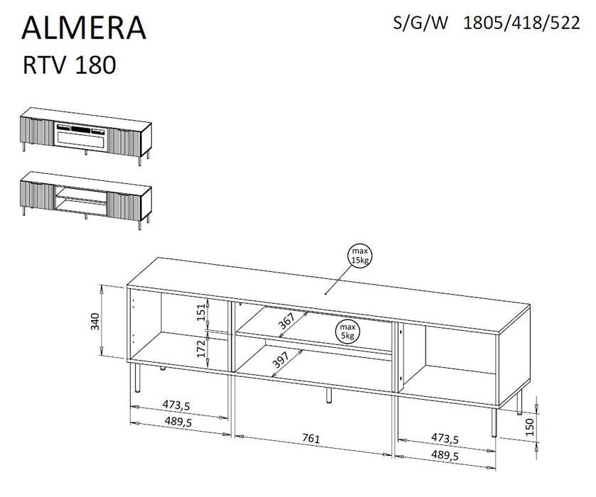 ALMERA TV cabinet 180.5x42x52.5 walnut/cashmere + black fireplace