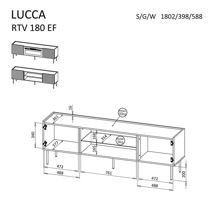 Cama LUCCA TV cabinet 180x40x59 white + black fireplace