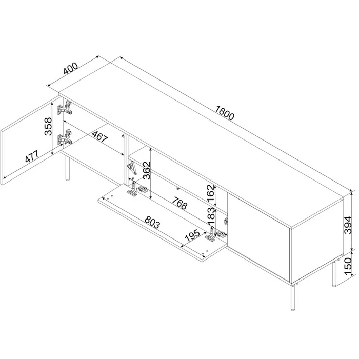 Cama RTV cabinet EF + fireplace black TRESSE 180x40x54.5 cashmere matt - TV cabinets made of furniture
