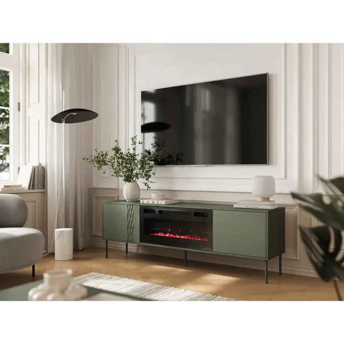 Cama RTV cabinet EF + fireplace black TRESSE 180x40x54.5 matte green - TV cabinets made of furniture boardSTV-ZPM<<<TV