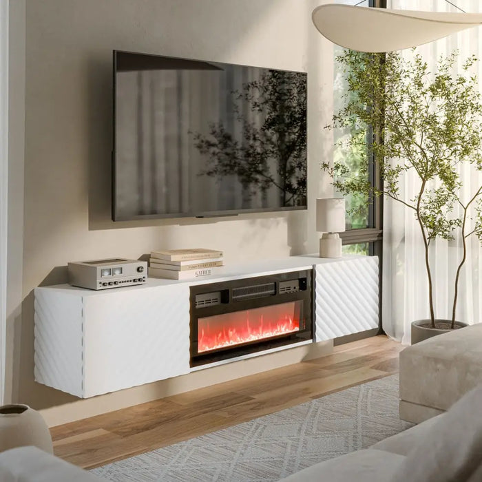 Cama RTV cabinet LARA 183x35x37 white matt + black fireplace - TV cabinets made of furniture boardSTV-ZPM<<<TV