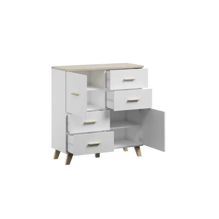 Cama Sideboard LOTTA 110 2D4S white/sonoma oak - Chests of drawers on a wooden baseKOY-DRP<<<ChestsKOY<<<ActionPL