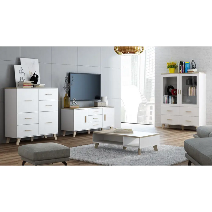 Cama Sideboard LOTTA 110 2D4S white/sonoma oak - Chests of drawers on a wooden baseKOY-DRP<<<ChestsKOY<<<ActionPL
