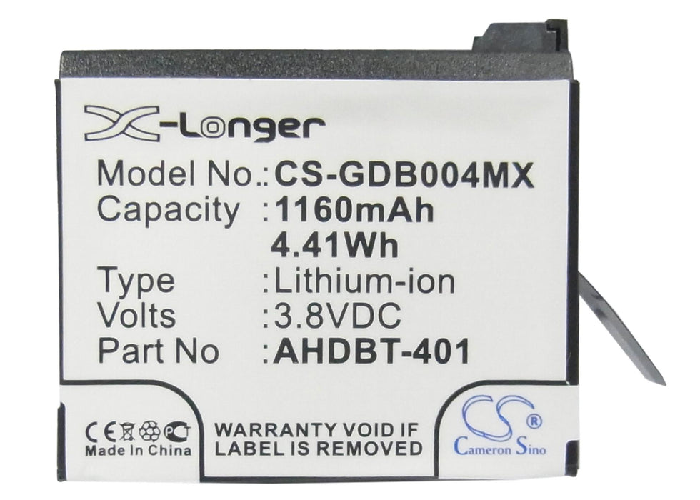 Battery for GOPRO Hero 4 camera; HERO 4 Plus AHDBT-401 3.8V 1160mAh LIIon Cameron Sino