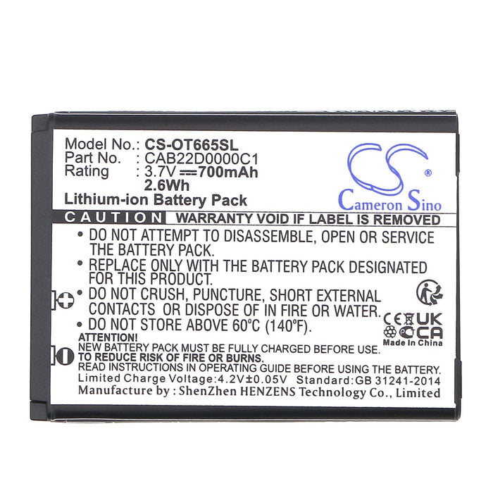 Mobile phone battery ALCATEL 2010D, One Touch 356, One Touch 665 CAB22B0000C1 LiIon 3.7V 700mAh CAMERON SINO