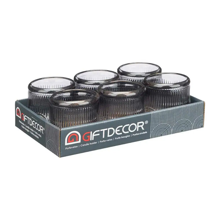 Candleholder Gift Decor Grey Crystal 9 x 9,5 x 9 cm Stripes (12 Units) - Декорация и Осветление<<<Дом