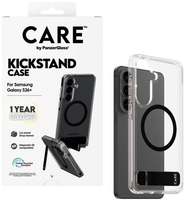 CARE by PanzerGlass Black Kickstand &amp; QI Case for Samsung Galaxy S26+ - Transparent
