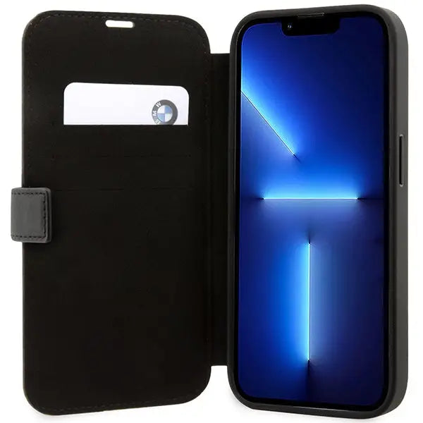 Case BMW BMBKP14X22RVSK iPhone 14 Pro Max 6.7’’ black/black bookcase Leather Stamp Blue Lines - Cell phone cases