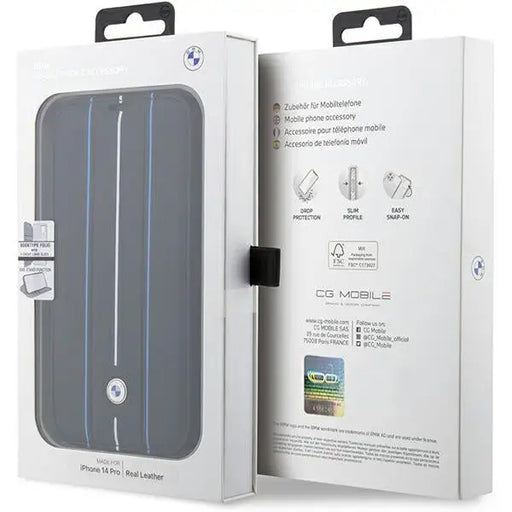 Case BMW BMBKP14X22RVSK iPhone 14 Pro Max 6.7’’ black/black bookcase Leather Stamp Blue Lines - Cell phone cases