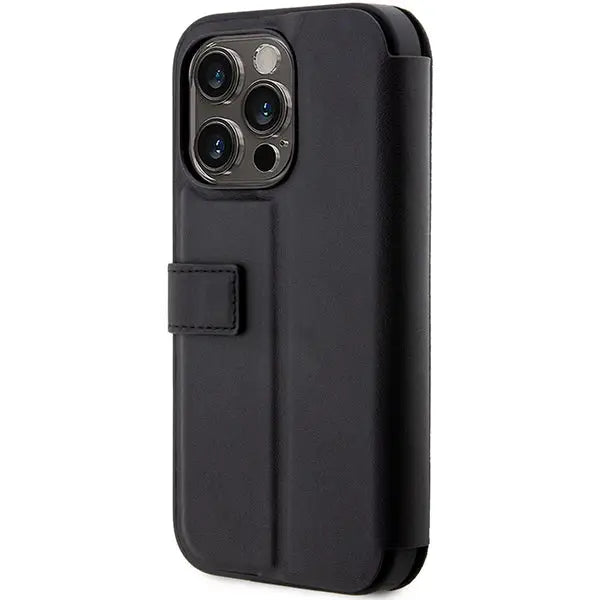 Case BMW BMBKP14X22RVSK iPhone 14 Pro Max 6.7’’ black/black bookcase Leather Stamp Blue Lines - Cell phone cases