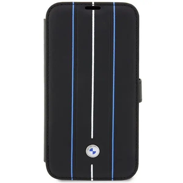 Case BMW BMBKP14X22RVSK iPhone 14 Pro Max 6.7’’ black/black bookcase Leather Stamp Blue Lines - Cell phone cases