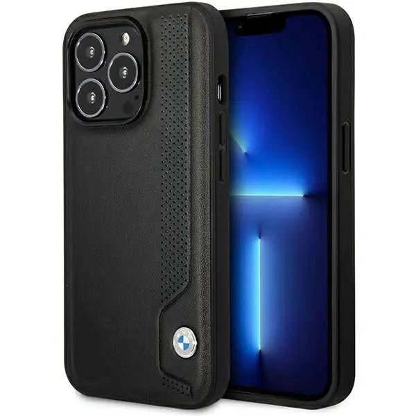 Case BMW BMHCP14L22RBDK iPhone 14 Pro 6.1’’ black/black hardcase Leather Blue Dots - Cell phone cases