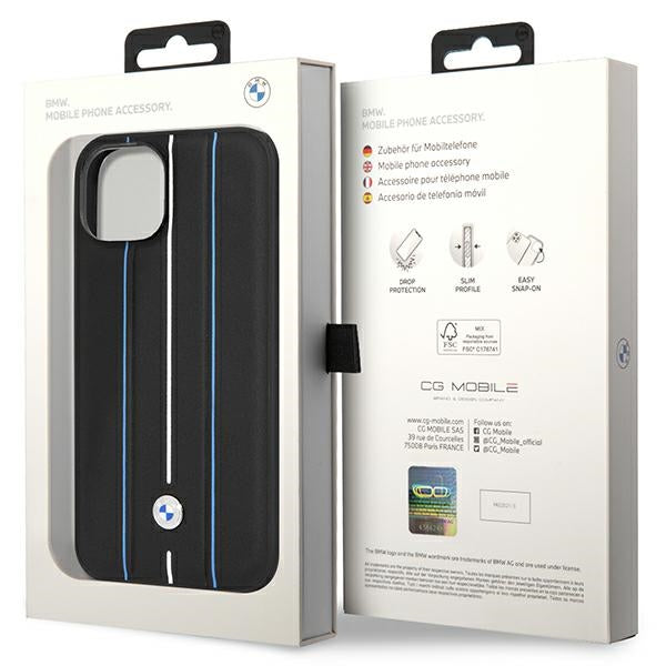 Case BMW BMHCP14S22RVSK iPhone 14 6.1’’ black/black hardcase Leather Stamp Blue Lines - Cell phone cases