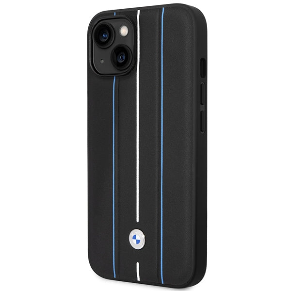 Case BMW BMHCP14S22RVSK iPhone 14 6.1’’ black/black hardcase Leather Stamp Blue Lines - Cell phone cases