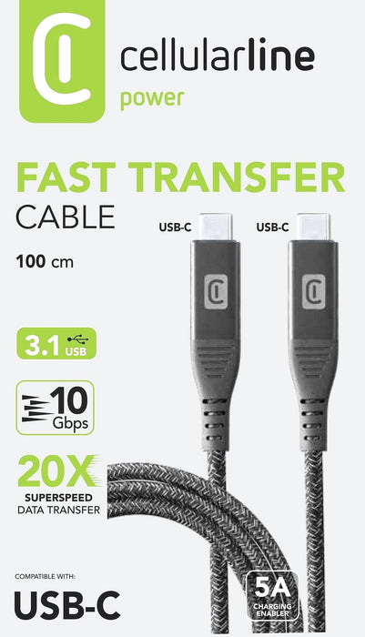 Cable Cellularline USB-C to USB-C 5A, 10 Gbps, 100W, 1 m, black