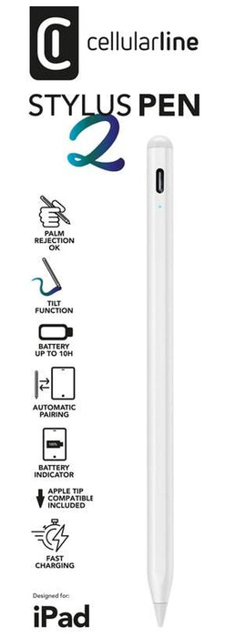 STYLUS FOR TABLET CELLULAR LINE IPAD STYLUS PEN 2 WHITE with wired charging