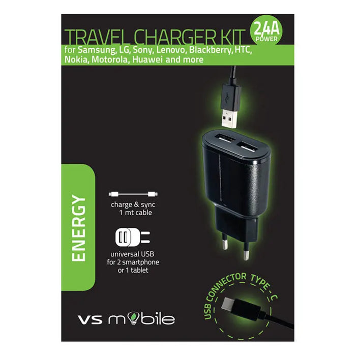 CHARGED FROM EL. VSMOBILE NETWORK 220V 2.4A 2xUSB-A + 1m TYPE-C - Зарядни устройства<<<Батерии и